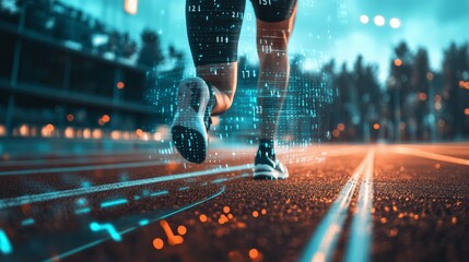 Athlete wearing a high-tech fitness tracker while running on a track, digital stats floating around them, blending sports and technology seamlessly.