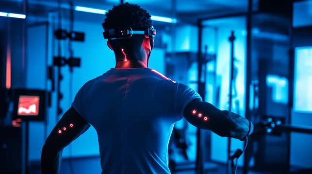 Athlete undergoing a strength test with force sensors and real-time data visualization in a high-tech lab environment.
