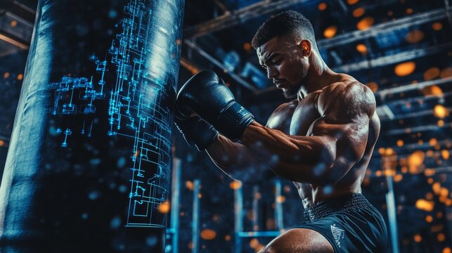 Boxer training with a high-tech punching bag that records impact strength and speed, with a digital coach analyzing and offering improvement.