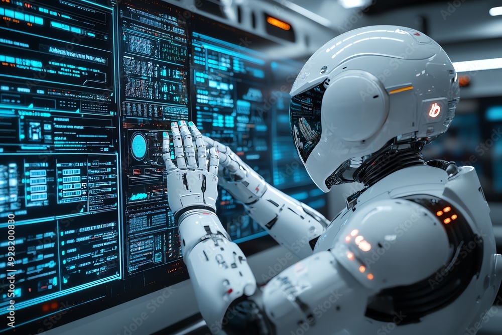Poster Futuristic robot interacting with a digital interface.