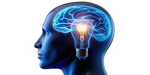 Illustrated blue human head silhouette with a glowing lightbulb brain inside, symbolizing creativity, innovation, and intellect, on a white background, 3D rendering.