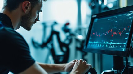 Close-up of a sports scientist reviewing real-time data from a metabolic cart during an athlete endurance test.
