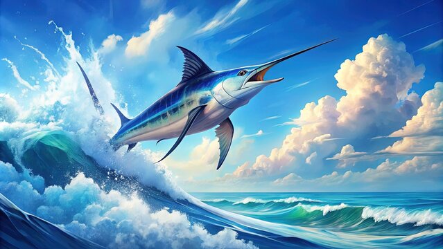 Illustrated white marlin fish leaps out of turquoise ocean waves in a majestic splash, set against a bright blue sunny sky with fluffy white clouds.