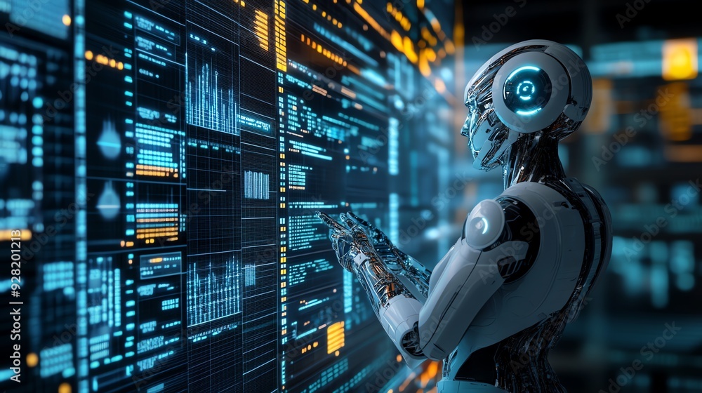 Poster futuristic robot interacting with digital data.