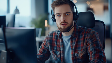 Young man wearing a headset works at a computer station in a modern office during the day