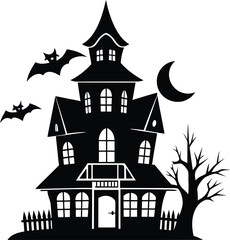 hallowen haunted house silhouette illustration black and white