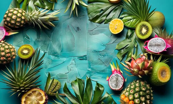 Tropical Fruits and Leaves on a Blue Background.