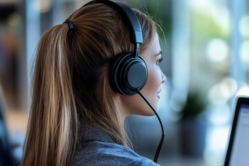 Woman, headset with computer for call centre telemarketing or technical support, representative or advice. Female person, crm and sales with customer service, contact us or help, Generative AI