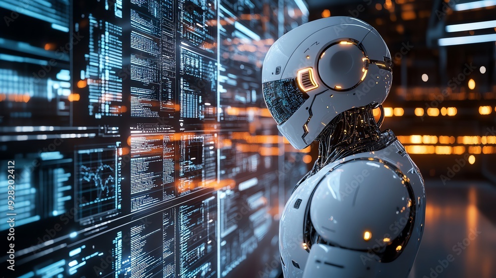 Poster Futuristic robot looking at data stream.