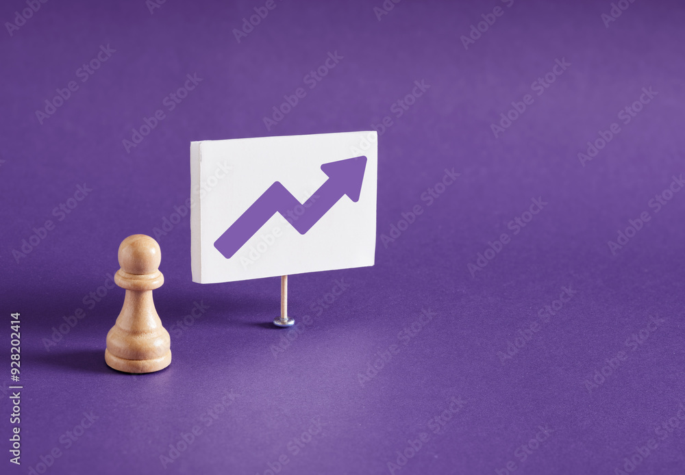 Poster chess pawn standing next to the banner with an increasing or ascending line graph.
