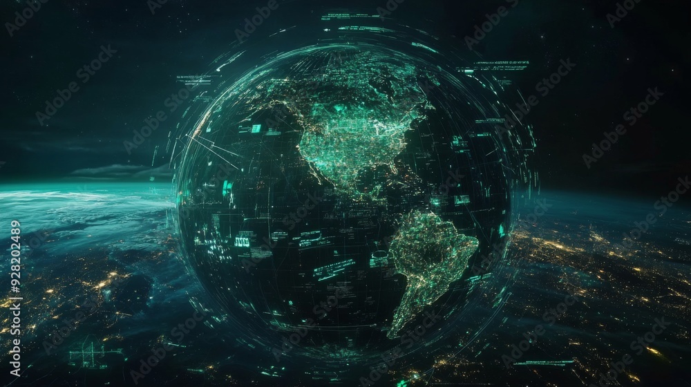 Poster digital globe with green code and lights.