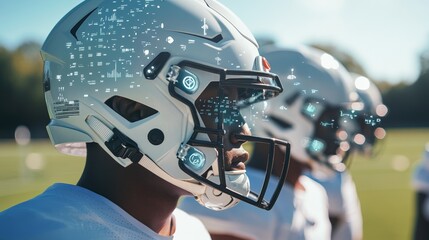 American football team practicing with smart helmets that monitor impact and head movement, with data analyzed on a digital interface by coaches.