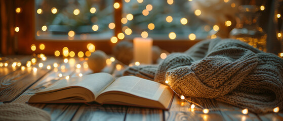 a book on a wooden table with a wool blanket and a cup of warm cocoa with marshmallows