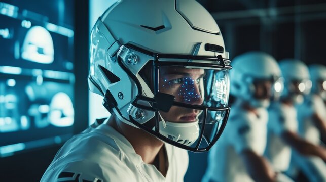 American football team practicing with smart helmets that monitor impact and head movement, with data analyzed on a digital interface by coaches.