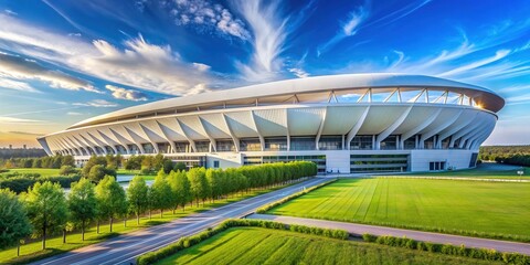 Fototapeta premium Large, iconic stadium with sleek, white exterior and sprawling grounds, featuring a prominent, curved roofline and lush green landscape under a bright blue sky.