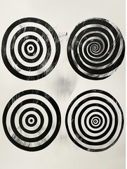 A striking black and white optical illusion pattern featuring concentric circles and radial lines. The high-contrast design creates a mesmerizing effect