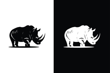 Vector silhouette icon of a rhino isolated on white black background. Rhino icon vector illustration.