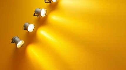 Bright spotlight beams shining on vibrant yellow background with illuminated light rays, perfect for theater, stage lighting concepts, and event promotion backdrops with copy space for text