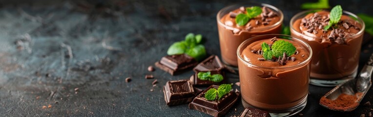 Three glasses filled with chocolate pudding topped with fresh mint leaves as a garnish