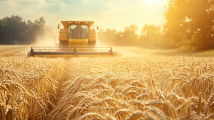 Fototapeta premium Combine harvester tractor on wheat field. Bright sunny positive photo. Agriculture concept. Agro business. Farming. Rural business.