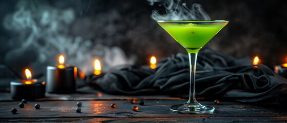 A green glowing halloween cocktail