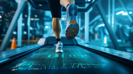 Runner on a treadmill with biomechanical analysis overlays showing stride length, foot strike, and energy expenditure in a lab environment.