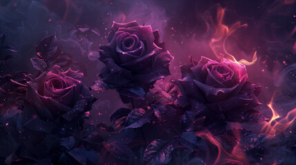 Black and purple roses with purple fire in the background