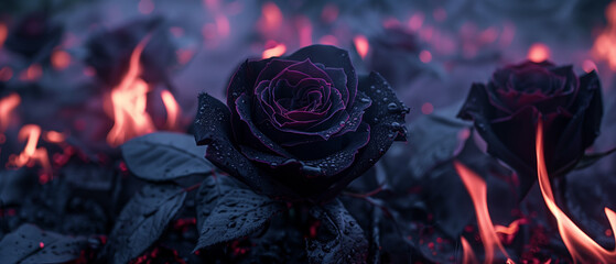 Black and purple roses with purple fire in the background