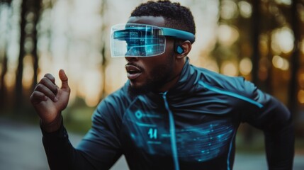 Runner training with augmented reality glasses, overlaying real-time metrics and virtual competitors on their route, merging fitness with immersive tech.