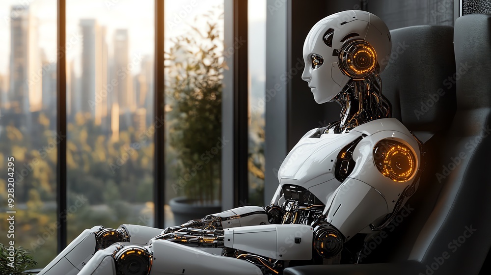 Poster futuristic robot sitting by window.
