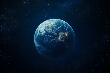Obraz premium A beautiful blue star, Earth, with clouds, oceans, and continents visible in the dark and vast universe seen from space.