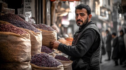 Middle-aged Arab man at a market, surrounded by sacks of olives.