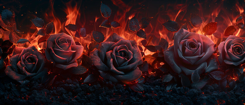 Black roses with fire and flames in the background