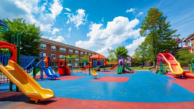 An elementary school playground with padded play surfaces, slides, monkey bars, and mazes, as well as a large brick building complex that houses the school building