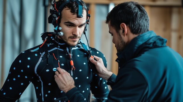 Sports scientist fitting an athlete with motion capture suits and sensors, preparing for a biomechanical analysis session.