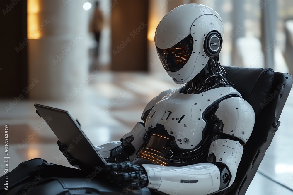 Aufkleber futuristic robot using laptop.