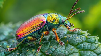 Fototapeta premium iridescent beetle, Rainbow stood on the leaf
