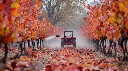 A vibrant red tractor working in a colorful vineyard during fall.