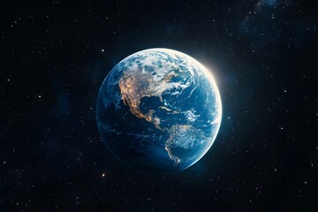 Obraz premium A beautiful blue star, Earth, with clouds, oceans, and continents visible in the dark and vast universe seen from space.