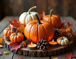 A table with pumpkins and a candle on it