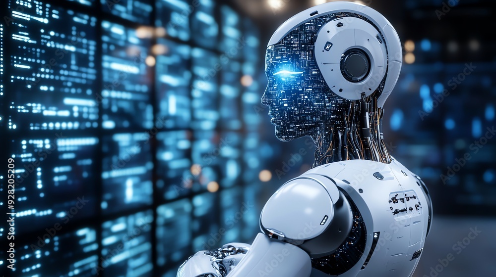 Poster Futuristic robot with a digital interface background.