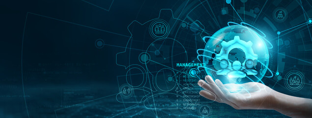 Management. Hand holding a globe with network connecting data. Symbolizing of digital technology, management integrates various technologies to enhance efficiency and innovation in businesses.