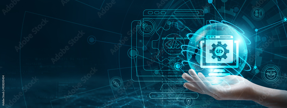 Aufkleber software development. hand holding a digital globe with network connecting data. representation of d