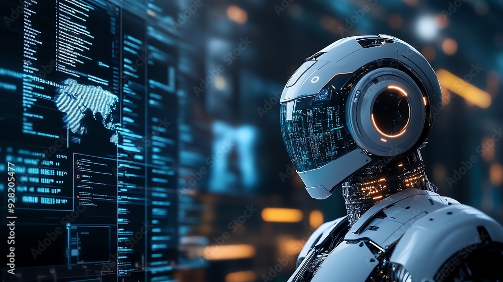 Poster futuristic robot with digital interface.
