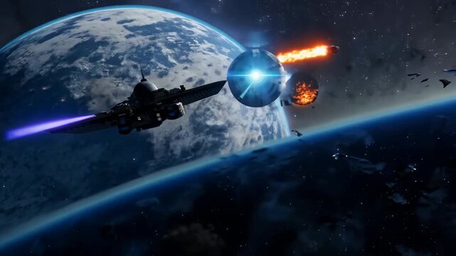 Spaceship flying toward a futuristic space station orbiting a planet, with an explosion in the background. Concepts of science fiction, interstellar travel, and cosmic battles.