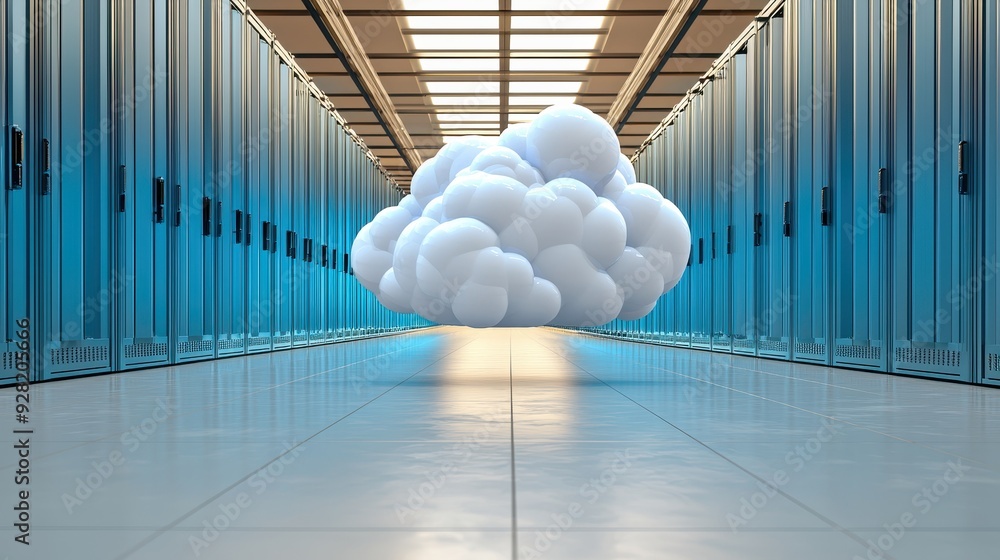 Poster a cloud resting in a modern data center, symbolizing cloud computing and technology innovation.