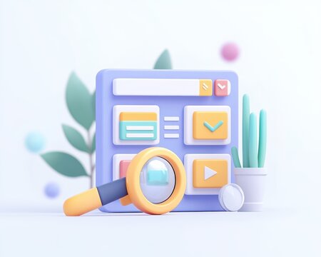 Colorful illustration of a digital interface with buttons and a magnifying glass, representing user interaction and exploration.