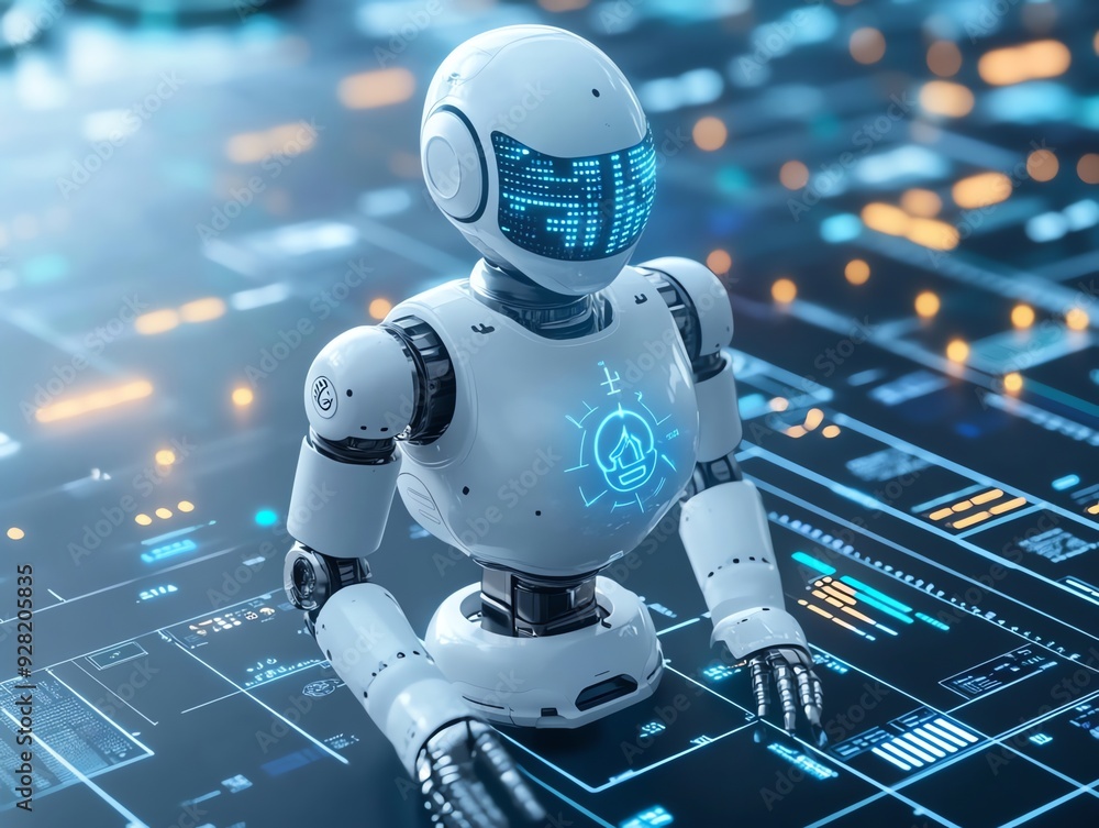 Poster futuristic robot with glowing blue display.