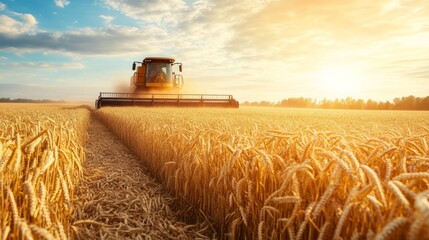 Fototapeta premium Combine harvester tractor on wheat field. Bright sunny positive photo. Agriculture concept. Agro business. Farming. Rural business.
