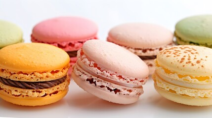 Colorful assortment of delicate French macarons on a pristine white background